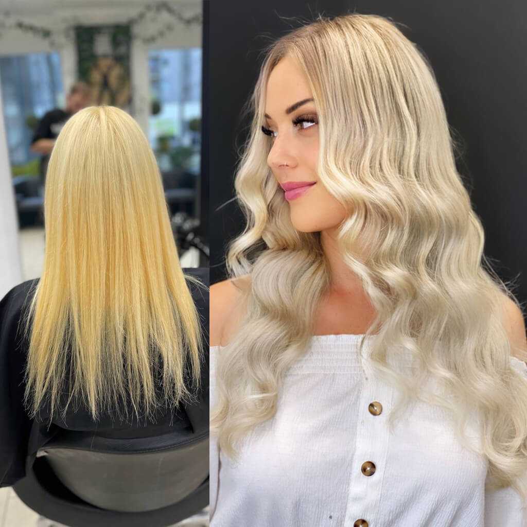 Clip-in hair extensions before and after
